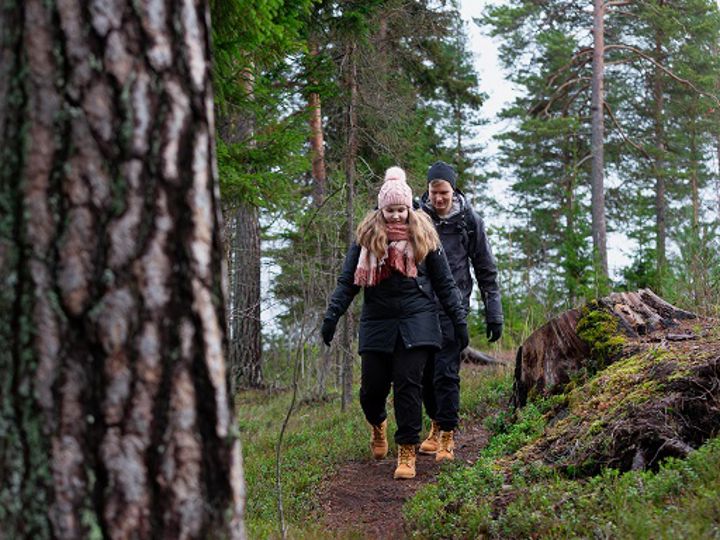 Nainen ja mies kävelevät syksyisessä luonnossa